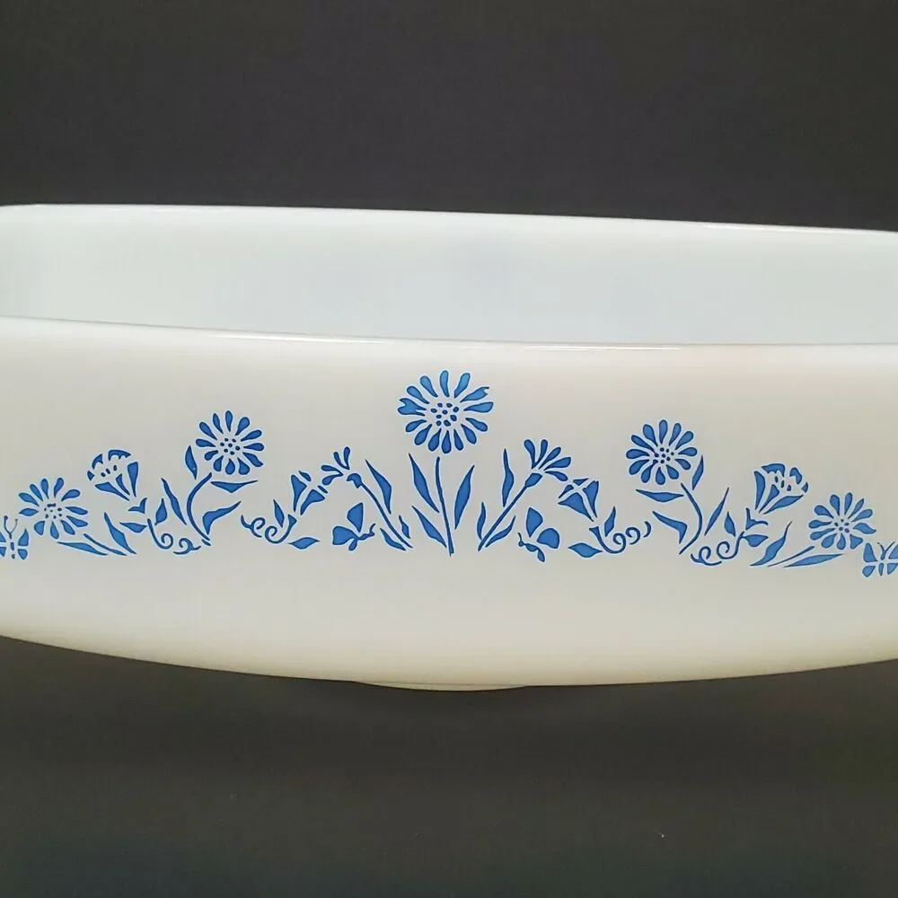 Vintage Federal Oven Proof White Milk Glass Blue Lady Michelle Floral Loaf Dish